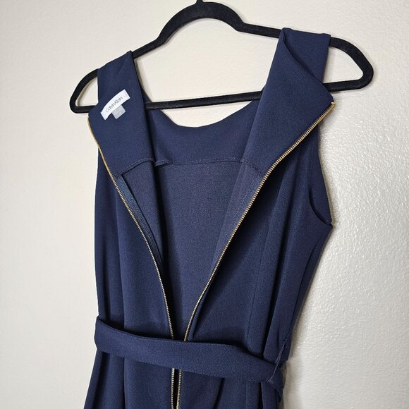 Calvin Klein 12 Blue Navy Ruffle Sheath Dress Tie Waist Cocktail Office Career - Picture 6 of 7